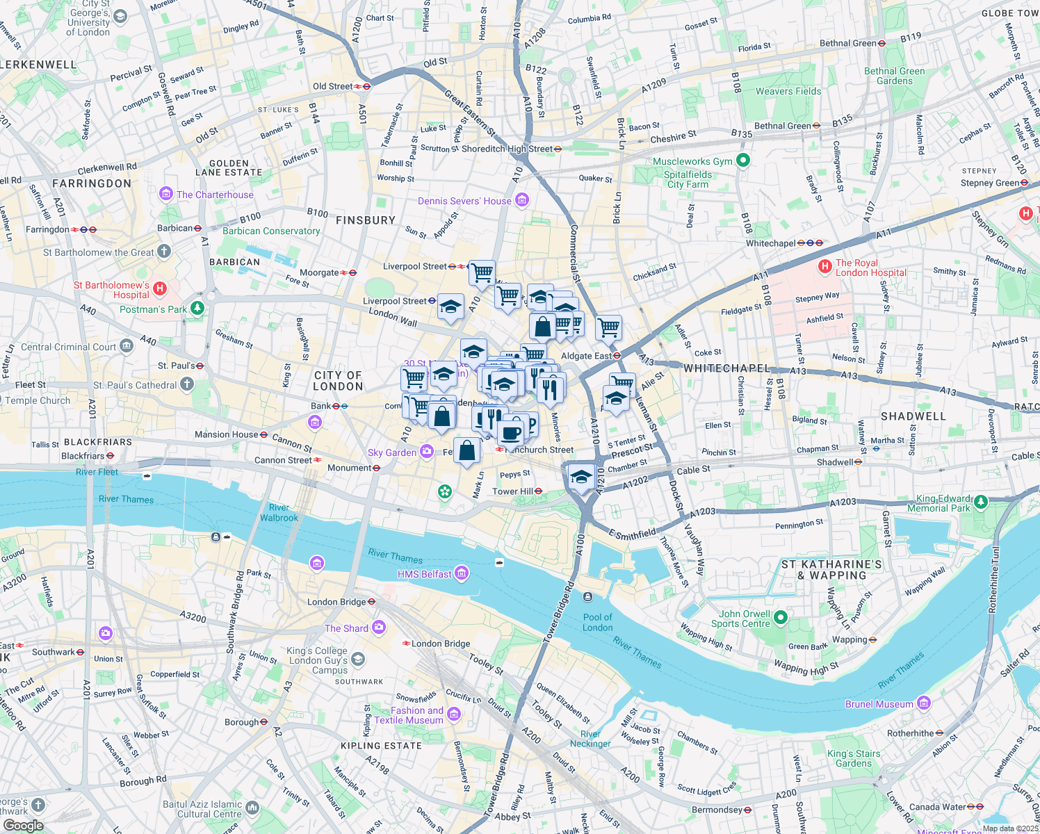 map of restaurants, bars, coffee shops, grocery stores, and more near 84 Fenchurch Street in Greater London