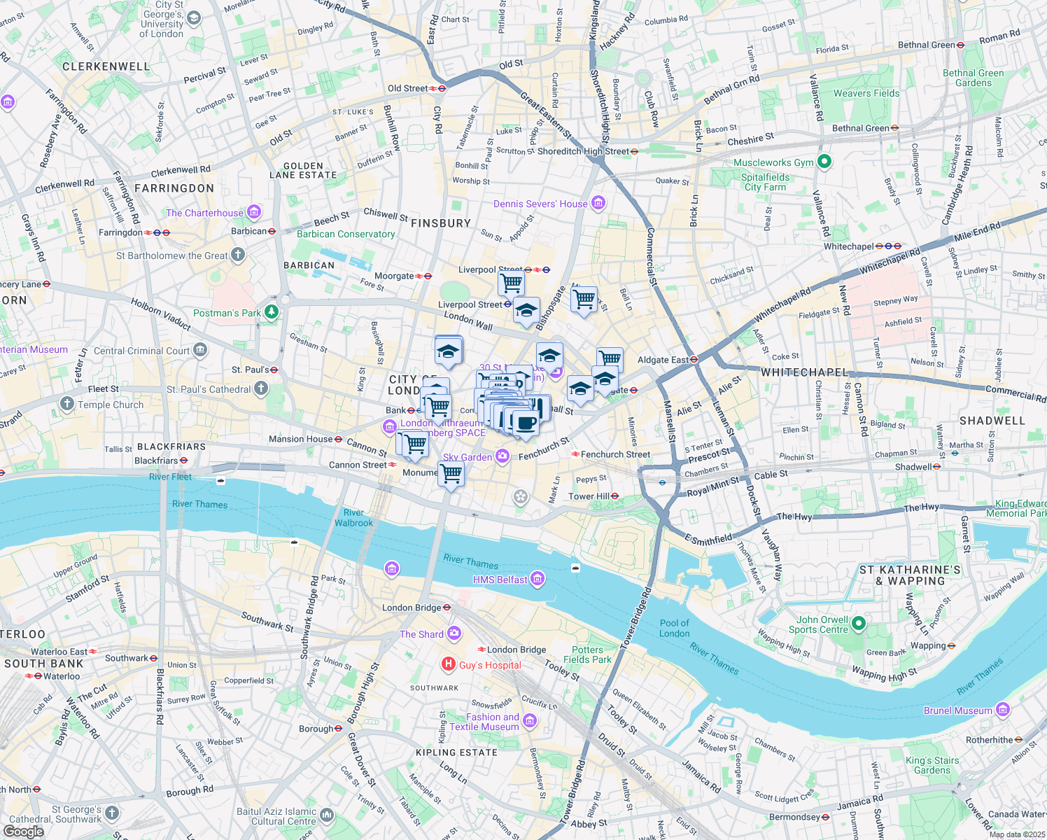 map of restaurants, bars, coffee shops, grocery stores, and more near in Greater London