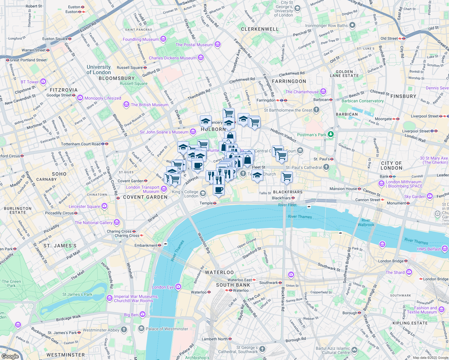 map of restaurants, bars, coffee shops, grocery stores, and more near 12 Devereux Court in Greater London