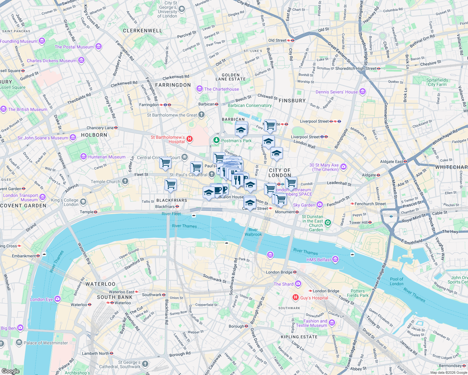 map of restaurants, bars, coffee shops, grocery stores, and more near 25 Cannon Street in Greater London
