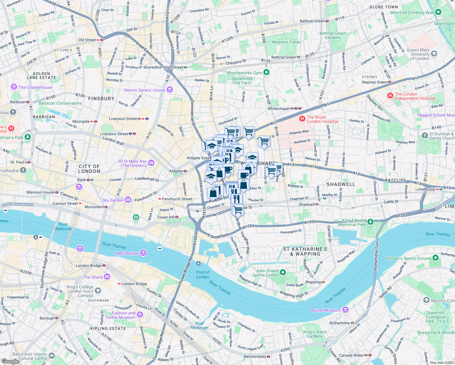 map of restaurants, bars, coffee shops, grocery stores, and more near 65 Leman Street in London