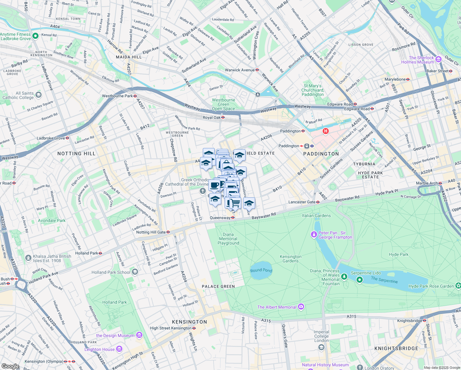 map of restaurants, bars, coffee shops, grocery stores, and more near in Greater London