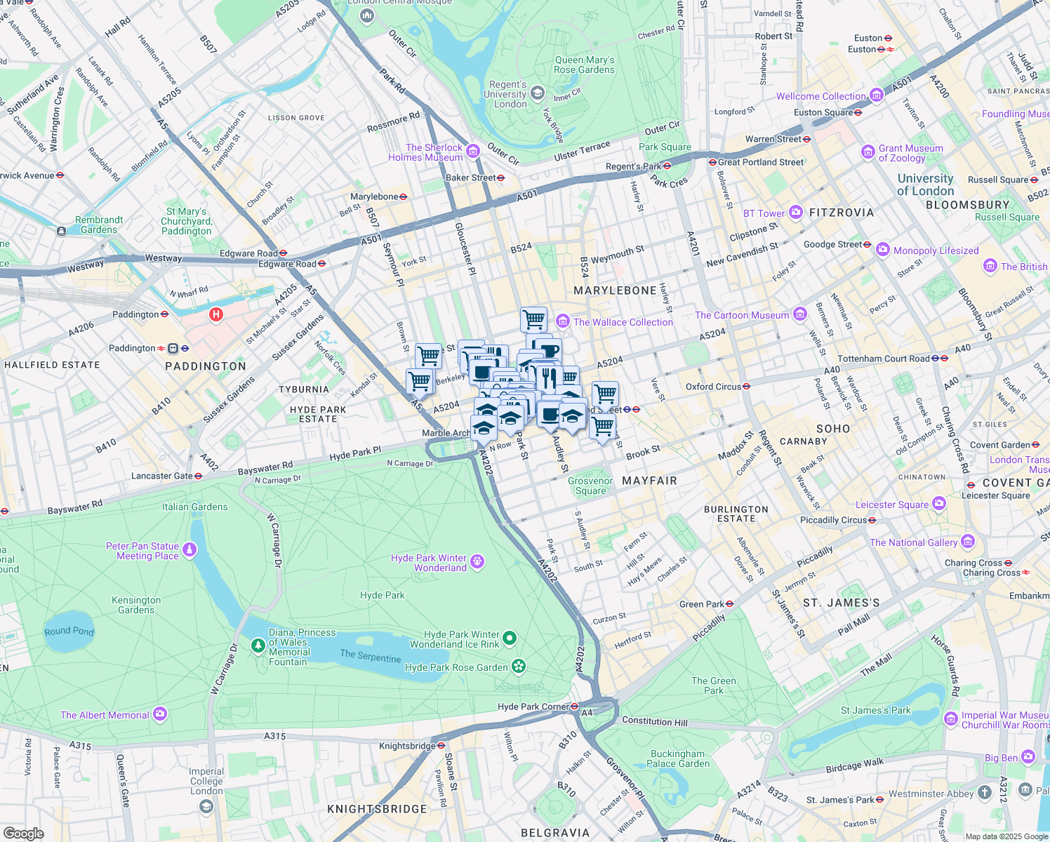 map of restaurants, bars, coffee shops, grocery stores, and more near in Greater London