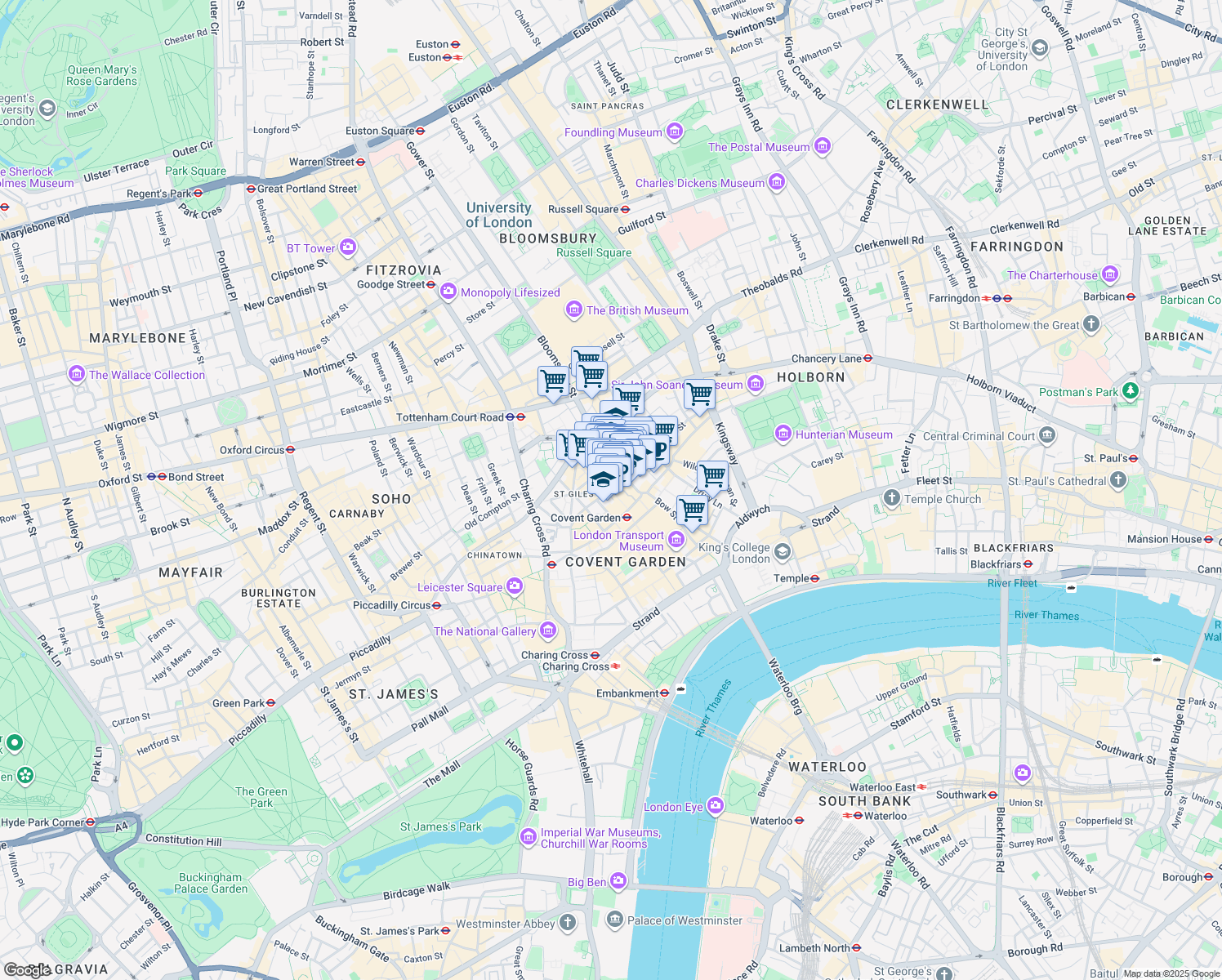 map of restaurants, bars, coffee shops, grocery stores, and more near 36 Shelton Street in Greater London