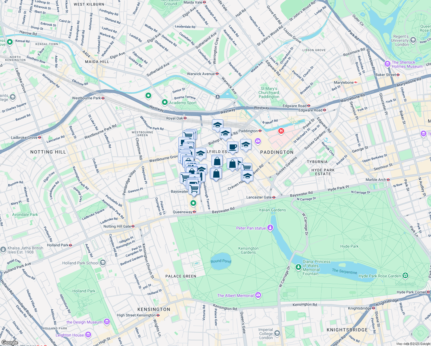 map of restaurants, bars, coffee shops, grocery stores, and more near in Greater London