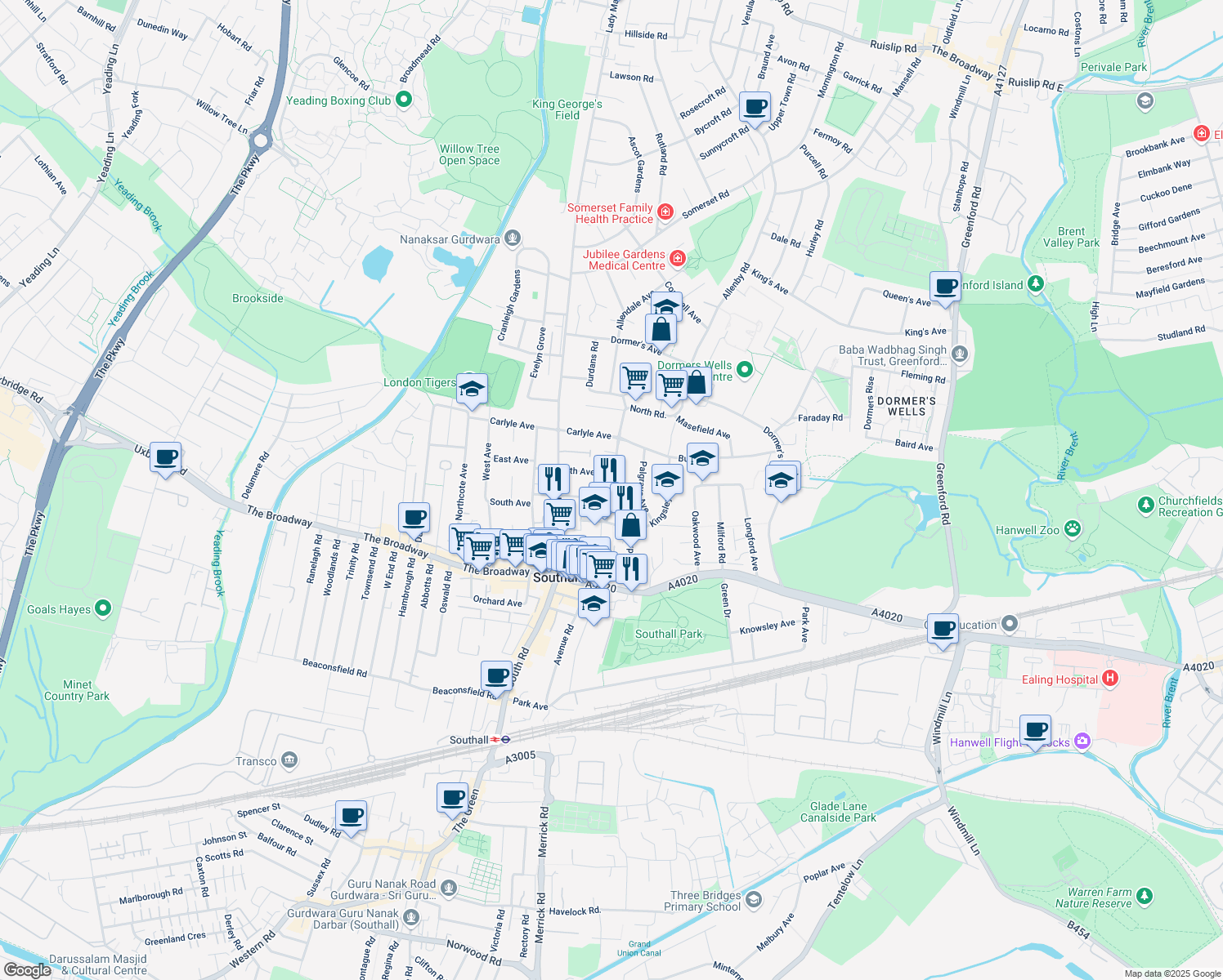 map of restaurants, bars, coffee shops, grocery stores, and more near 98 North Road in Southall