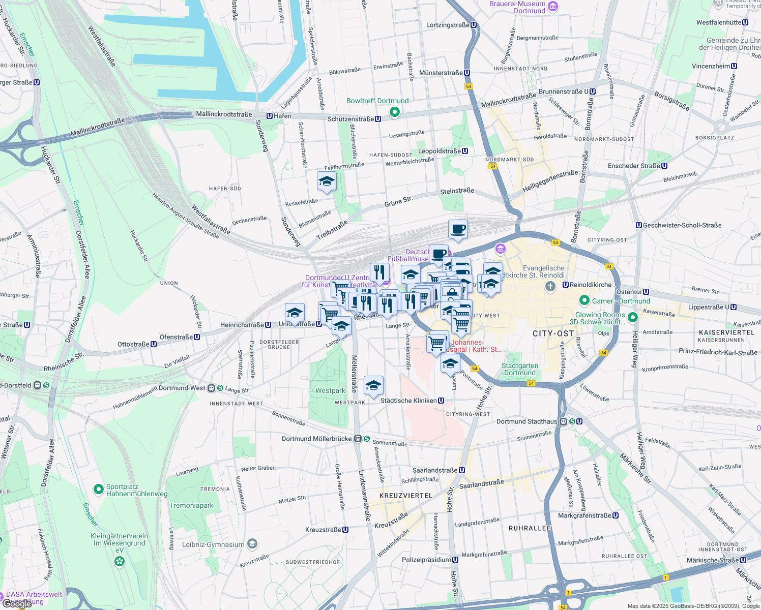 map of restaurants, bars, coffee shops, grocery stores, and more near Annelise-Kretschmer-Straße in Dortmund