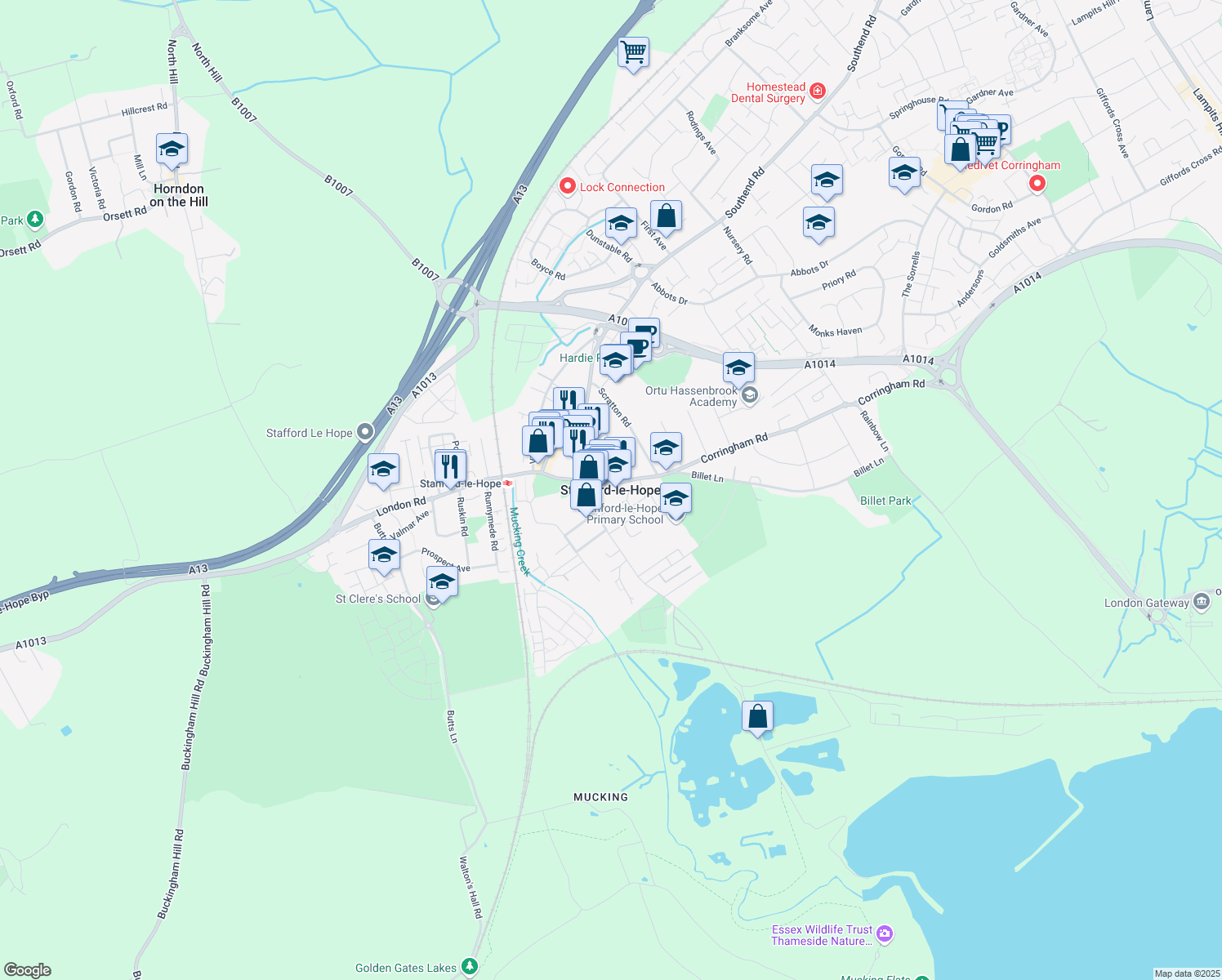 map of restaurants, bars, coffee shops, grocery stores, and more near in Thurrock