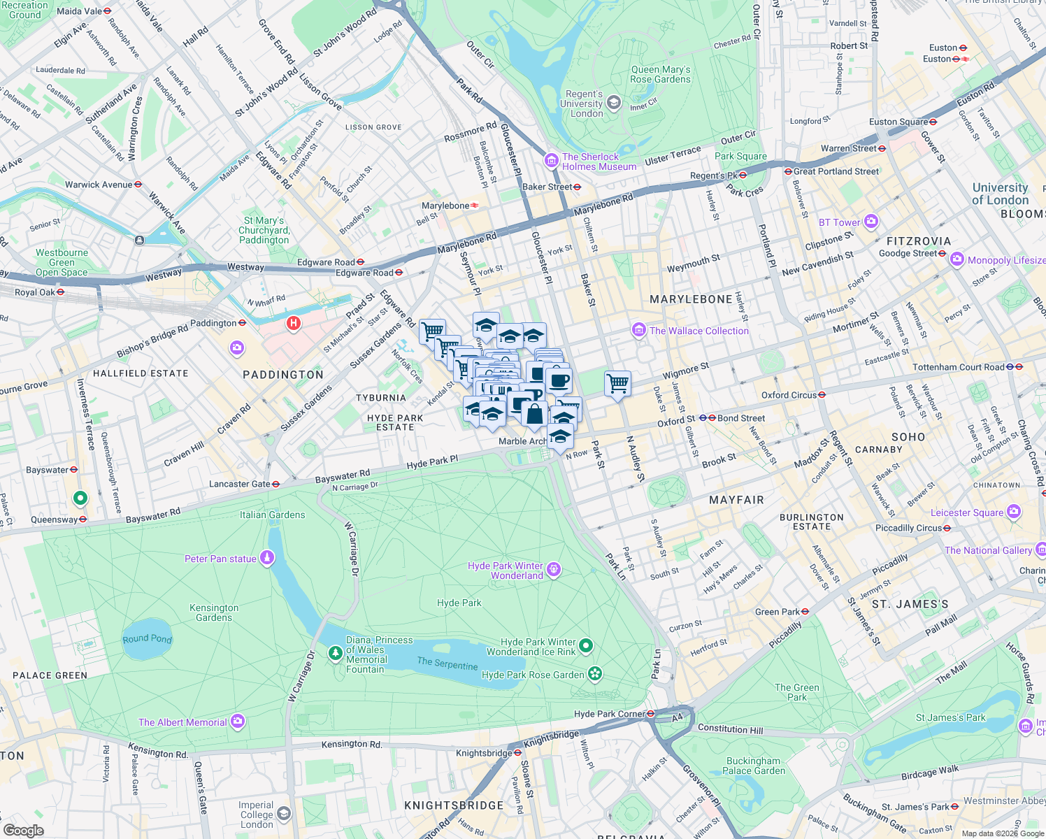 map of restaurants, bars, coffee shops, grocery stores, and more near in Greater London