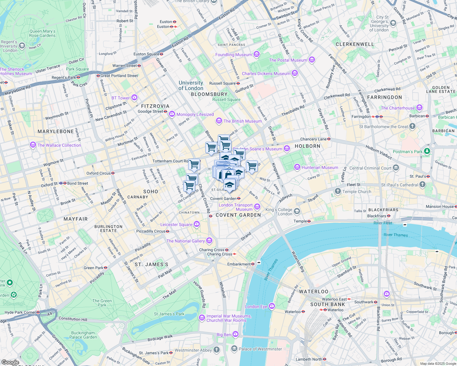 map of restaurants, bars, coffee shops, grocery stores, and more near 36 Shelton Street in Greater London