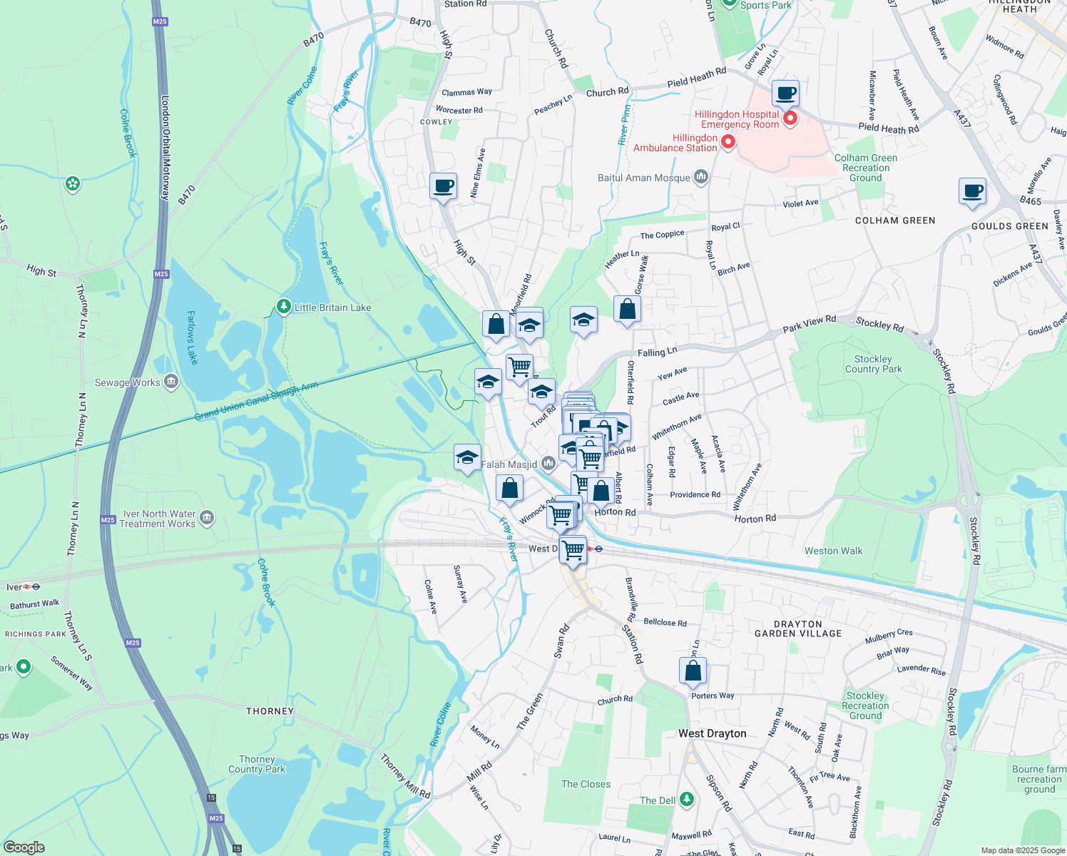 map of restaurants, bars, coffee shops, grocery stores, and more near Trout Road in Greater London