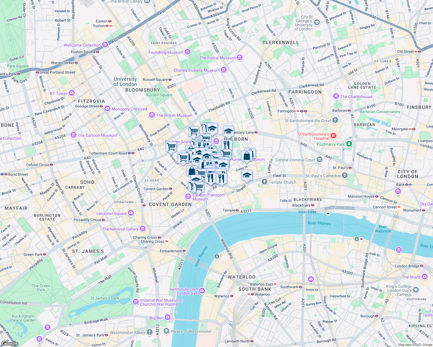 map of restaurants, bars, coffee shops, grocery stores, and more near Houghton Street in London