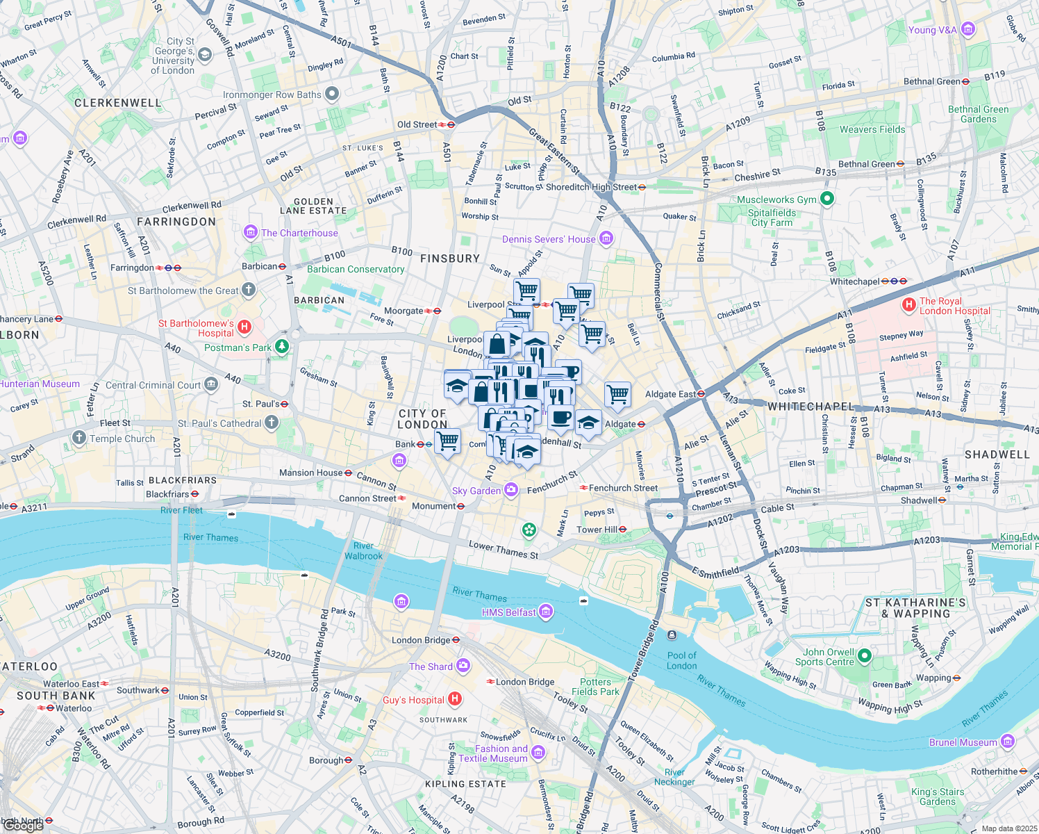 map of restaurants, bars, coffee shops, grocery stores, and more near 22 Bishopsgate in Greater London
