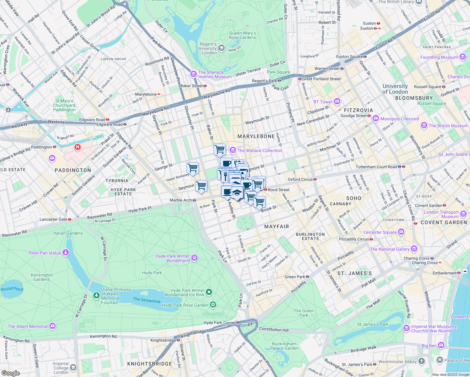 map of restaurants, bars, coffee shops, grocery stores, and more near 400 Oxford Street in Greater London