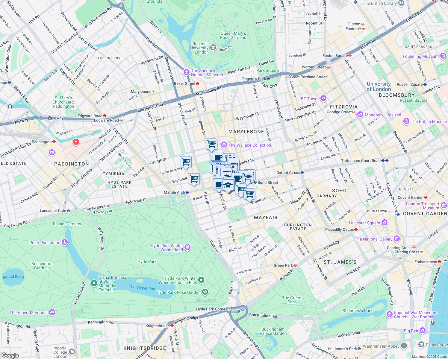 map of restaurants, bars, coffee shops, grocery stores, and more near 400 Oxford Street in Greater London