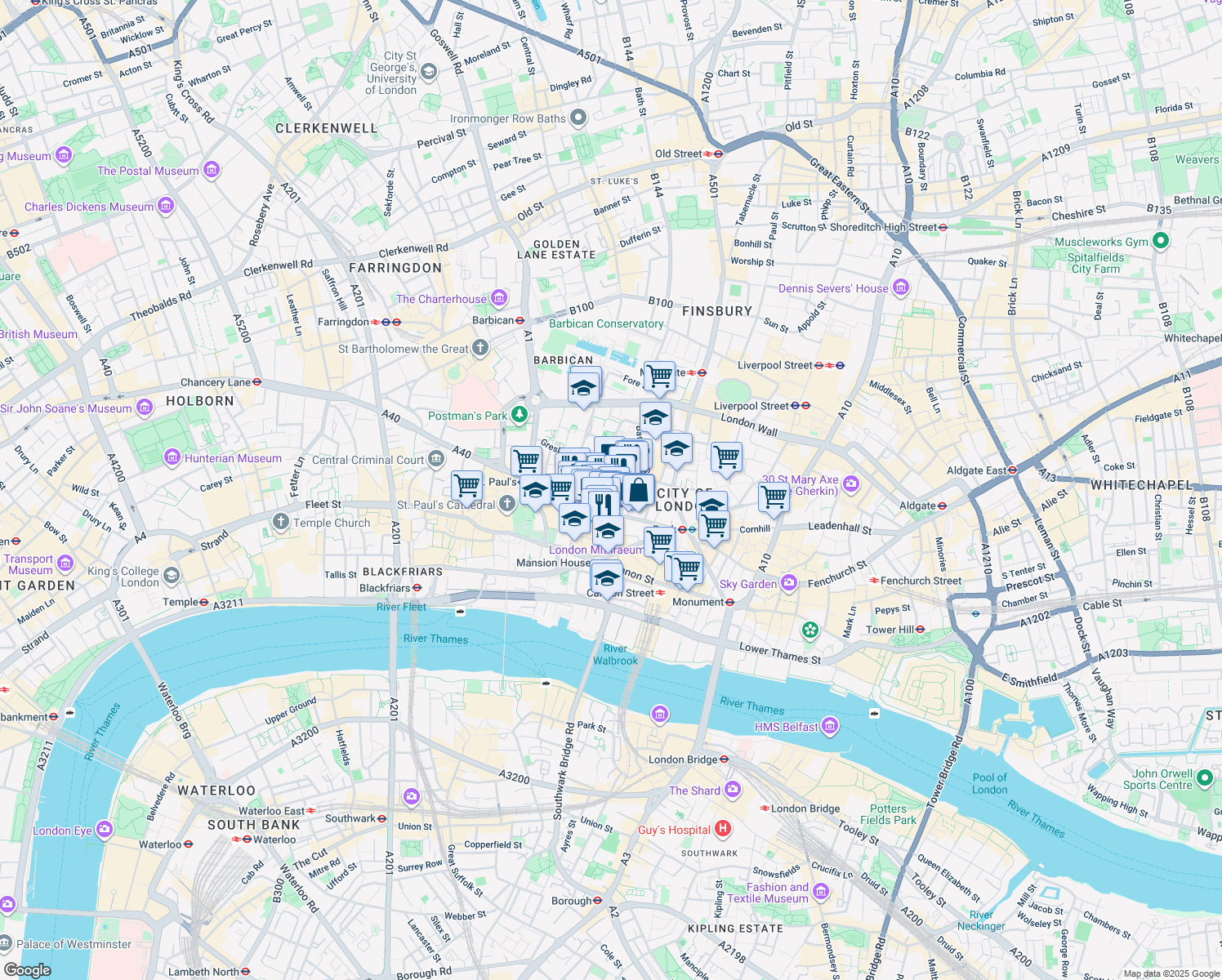 map of restaurants, bars, coffee shops, grocery stores, and more near 6 Trump Street in Greater London