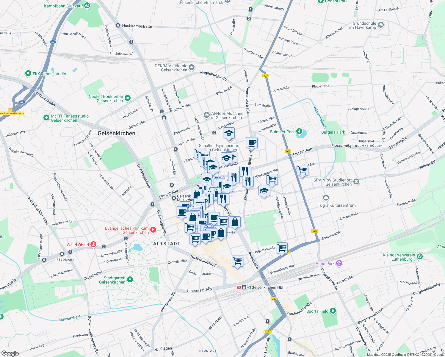 map of restaurants, bars, coffee shops, grocery stores, and more near 60 Florastraße in Gelsenkirchen