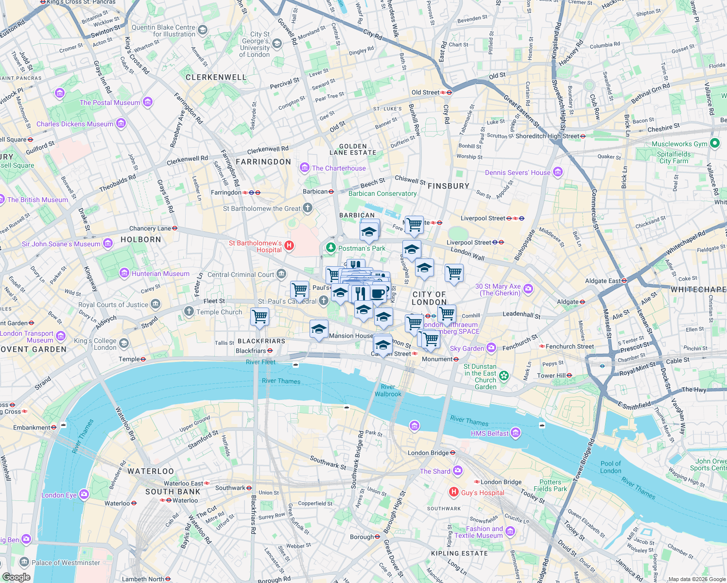 map of restaurants, bars, coffee shops, grocery stores, and more near 125 Wood Street in Greater London