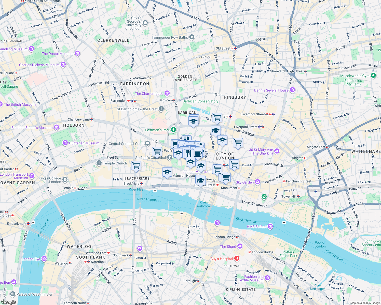 map of restaurants, bars, coffee shops, grocery stores, and more near 125 Wood Street in Greater London