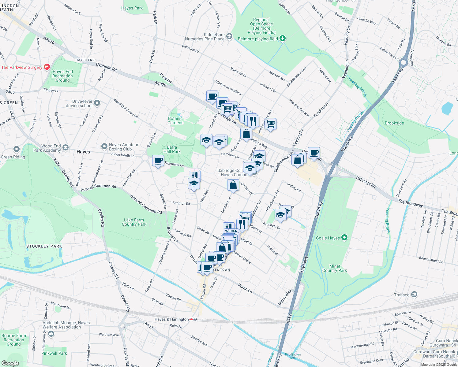 map of restaurants, bars, coffee shops, grocery stores, and more near Conifer Way in Greater London