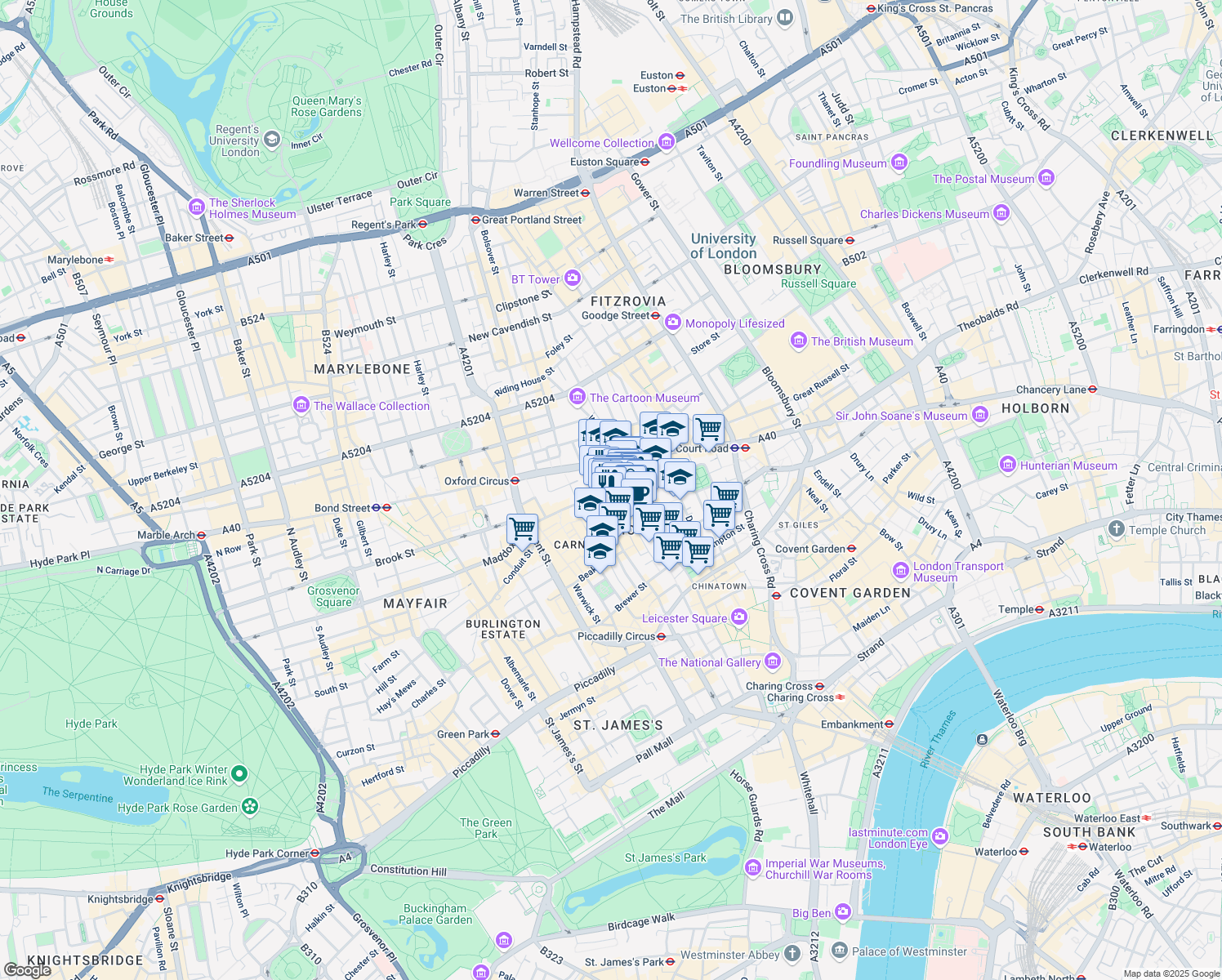 map of restaurants, bars, coffee shops, grocery stores, and more near in Greater London