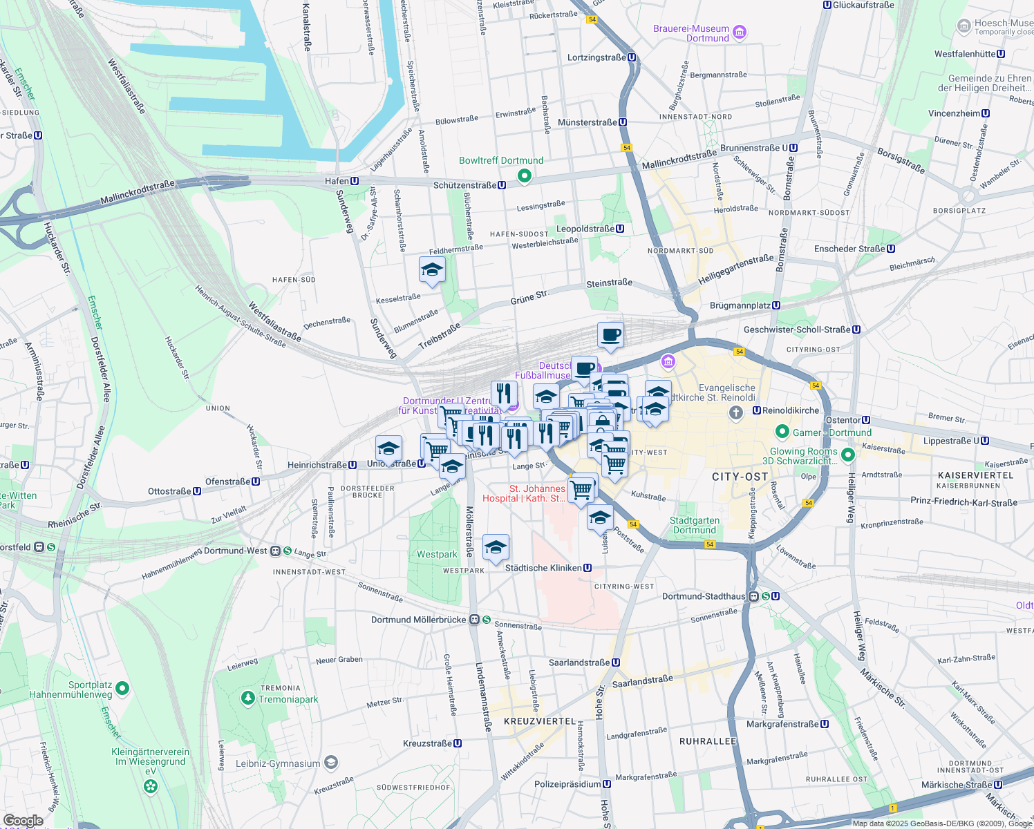 map of restaurants, bars, coffee shops, grocery stores, and more near Leonie-Reygers-Terrasse in Dortmund