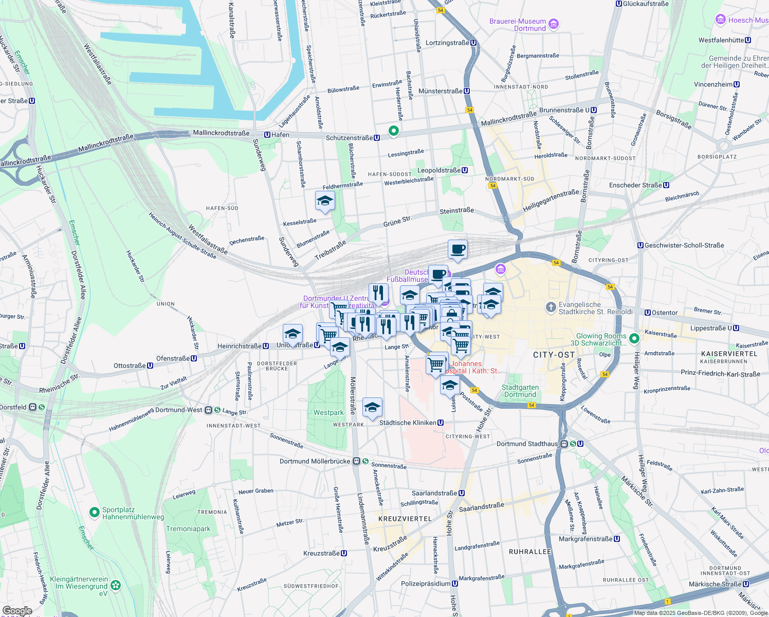 map of restaurants, bars, coffee shops, grocery stores, and more near Leonie-Reygers-Terrasse in Dortmund