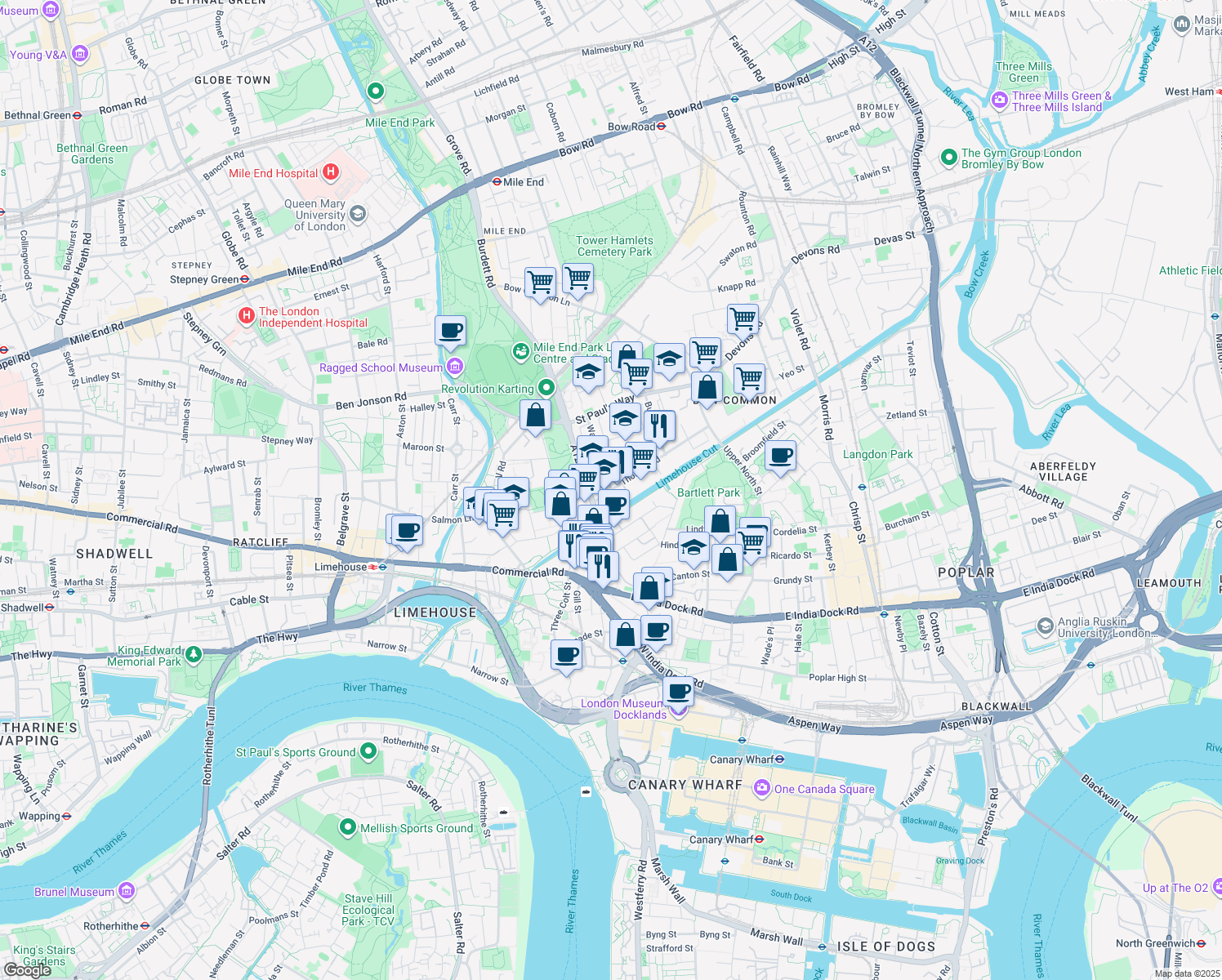 map of restaurants, bars, coffee shops, grocery stores, and more near Thomas Road in Greater London