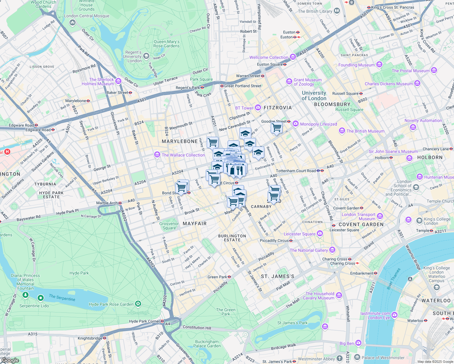 map of restaurants, bars, coffee shops, grocery stores, and more near 250 Oxford Street in Greater London