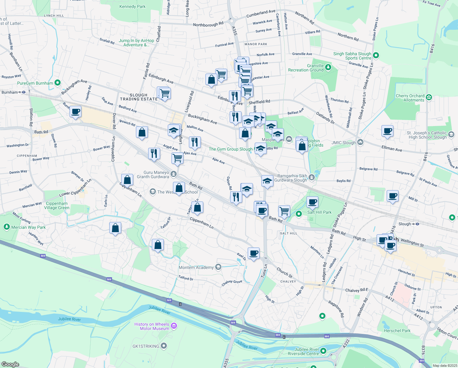 map of restaurants, bars, coffee shops, grocery stores, and more near Galvin Road in Berkshire