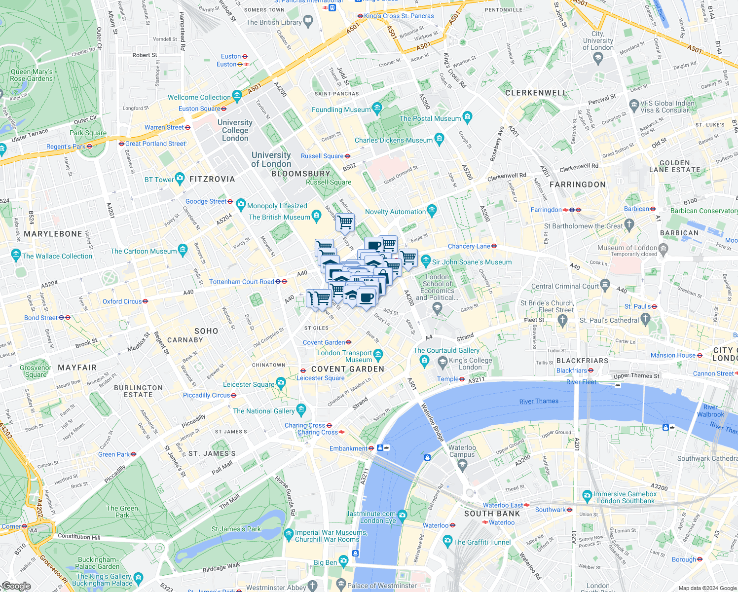 map of restaurants, bars, coffee shops, grocery stores, and more near Parker Mews in Greater London