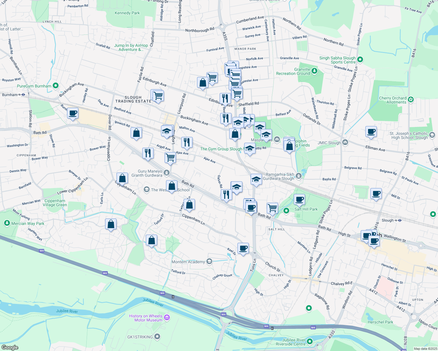 map of restaurants, bars, coffee shops, grocery stores, and more near Galvin Road in Berkshire
