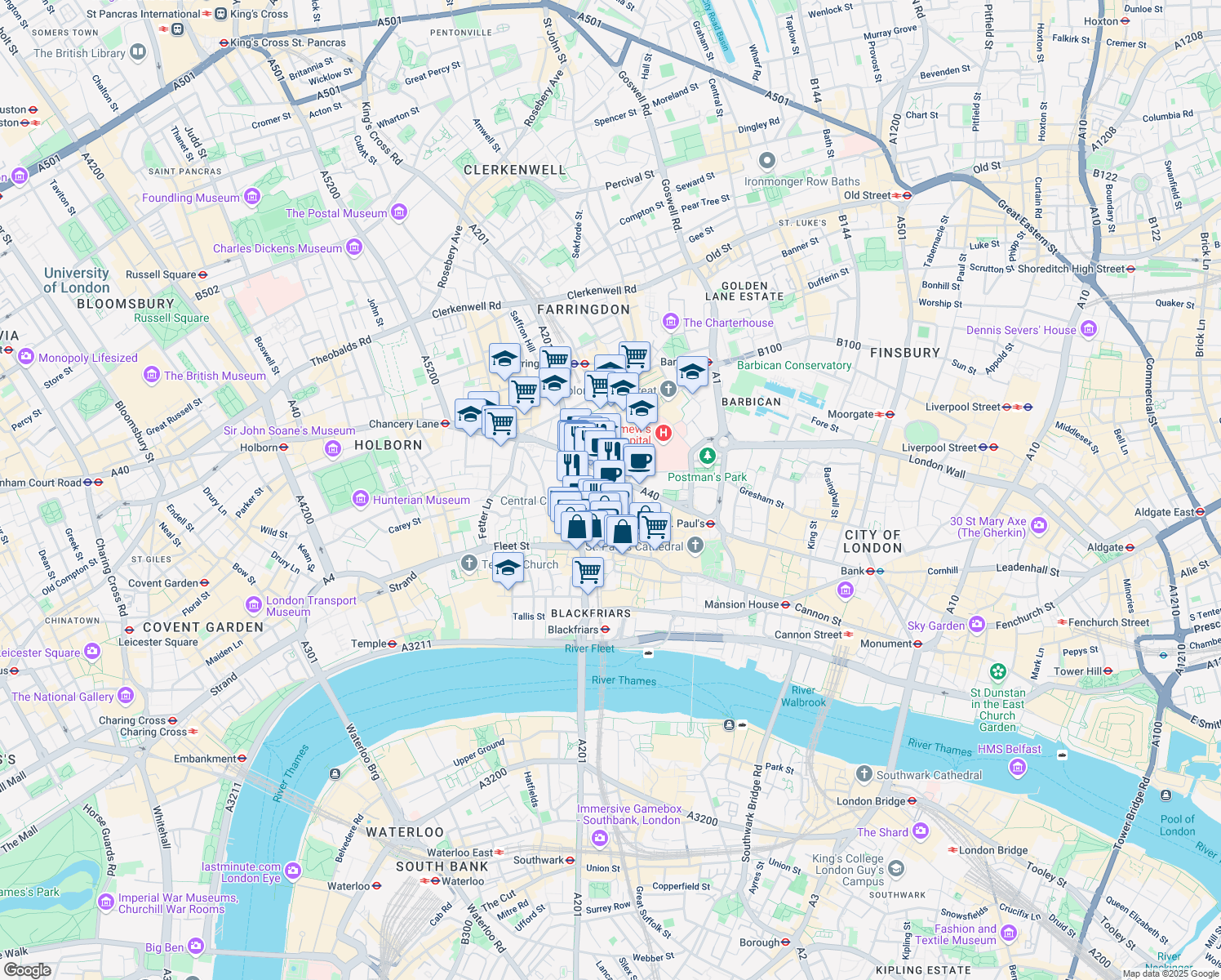 map of restaurants, bars, coffee shops, grocery stores, and more near 16 Old Bailey in Greater London