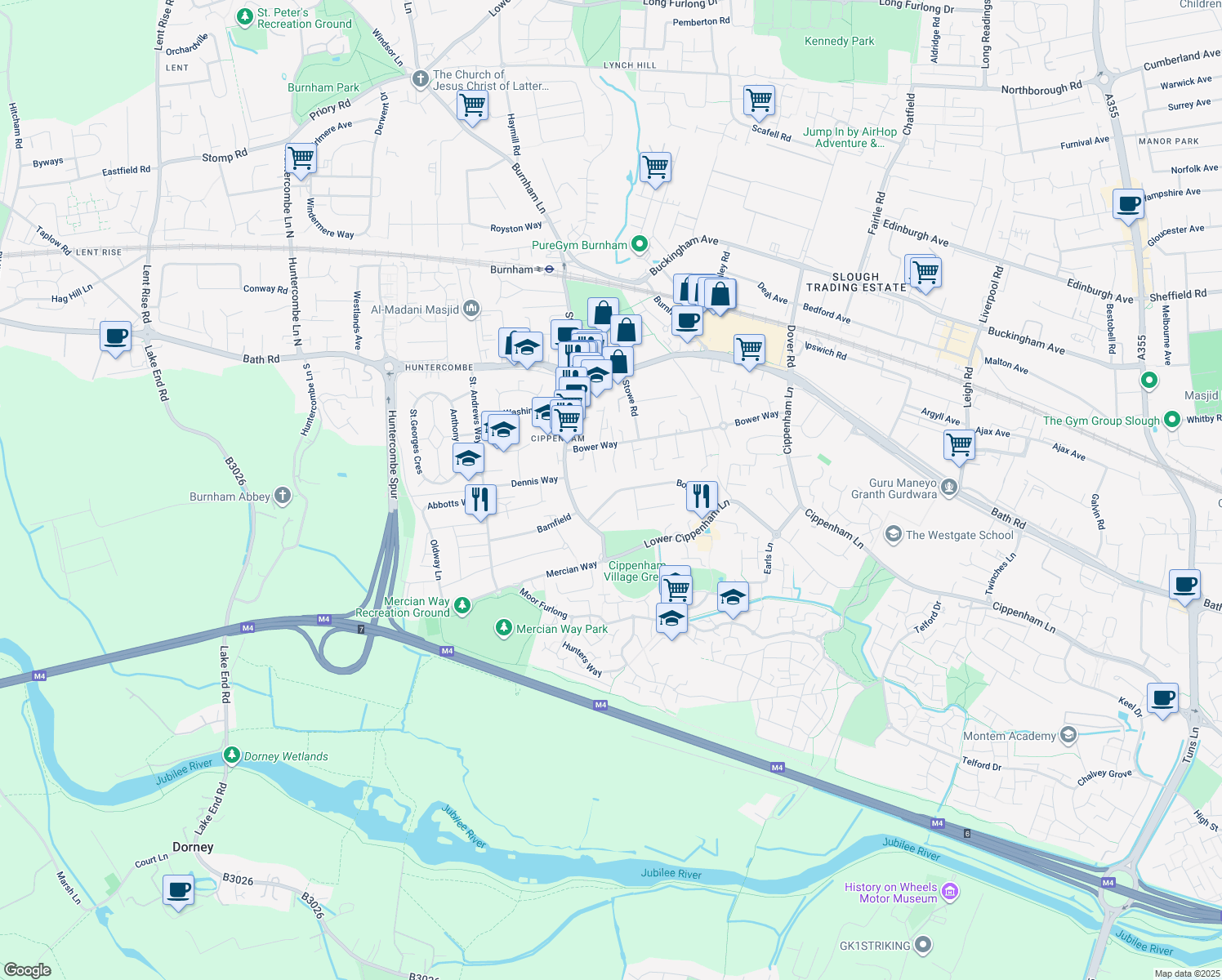 map of restaurants, bars, coffee shops, grocery stores, and more near Bowyer Drive in Berkshire