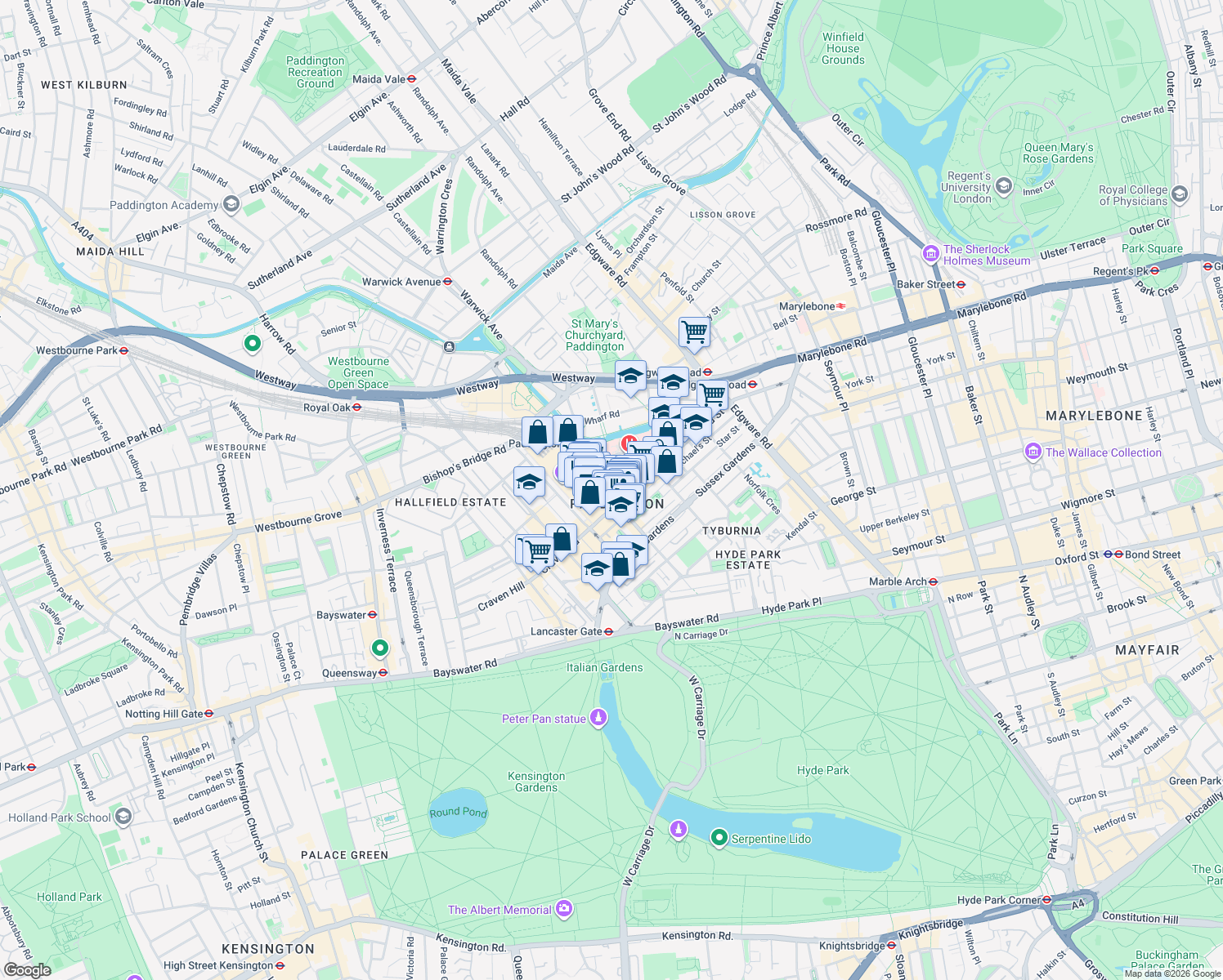 map of restaurants, bars, coffee shops, grocery stores, and more near 1 Paddington Square in Greater London