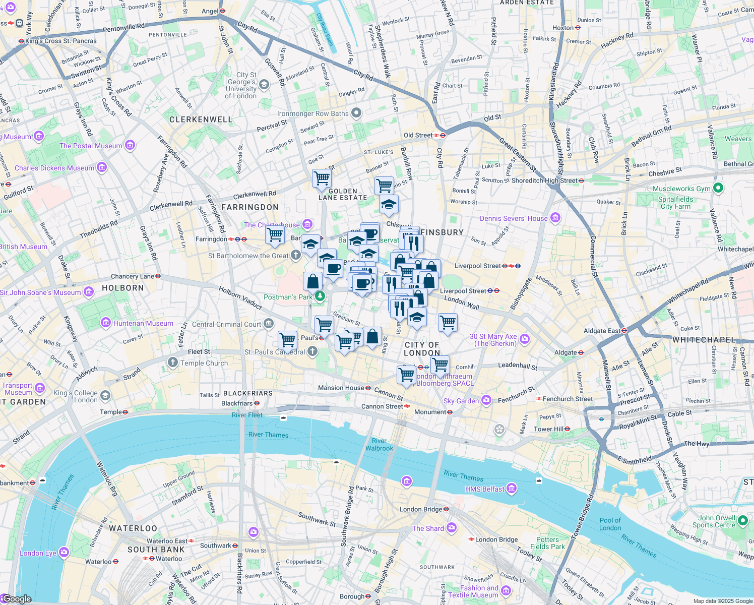 map of restaurants, bars, coffee shops, grocery stores, and more near 1 Aldermanbury in London