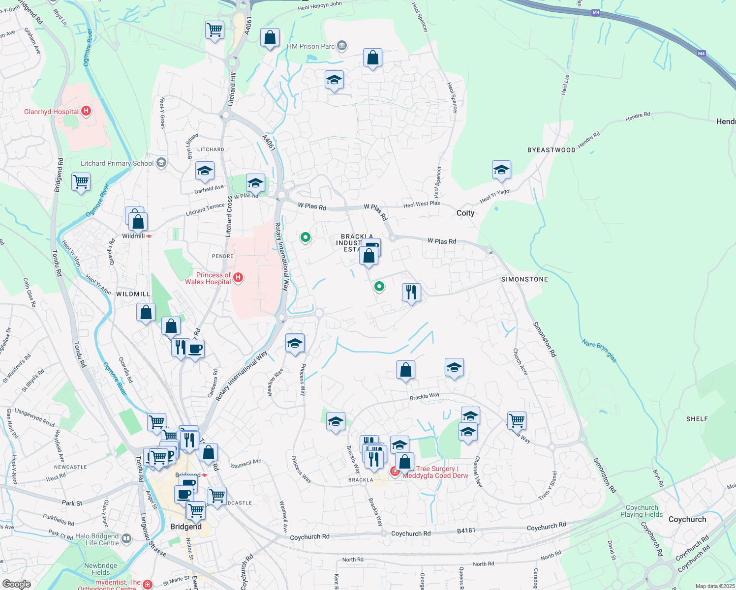 map of restaurants, bars, coffee shops, grocery stores, and more near Main Avenue in Bridgend County Borough