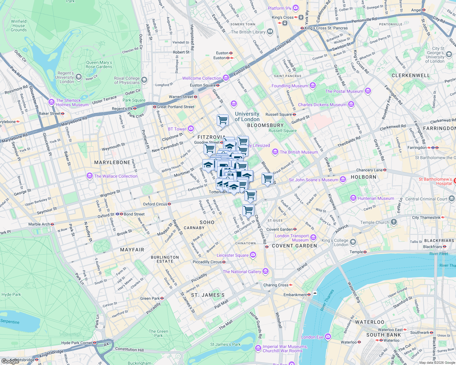 map of restaurants, bars, coffee shops, grocery stores, and more near Rathbone Place in Greater London