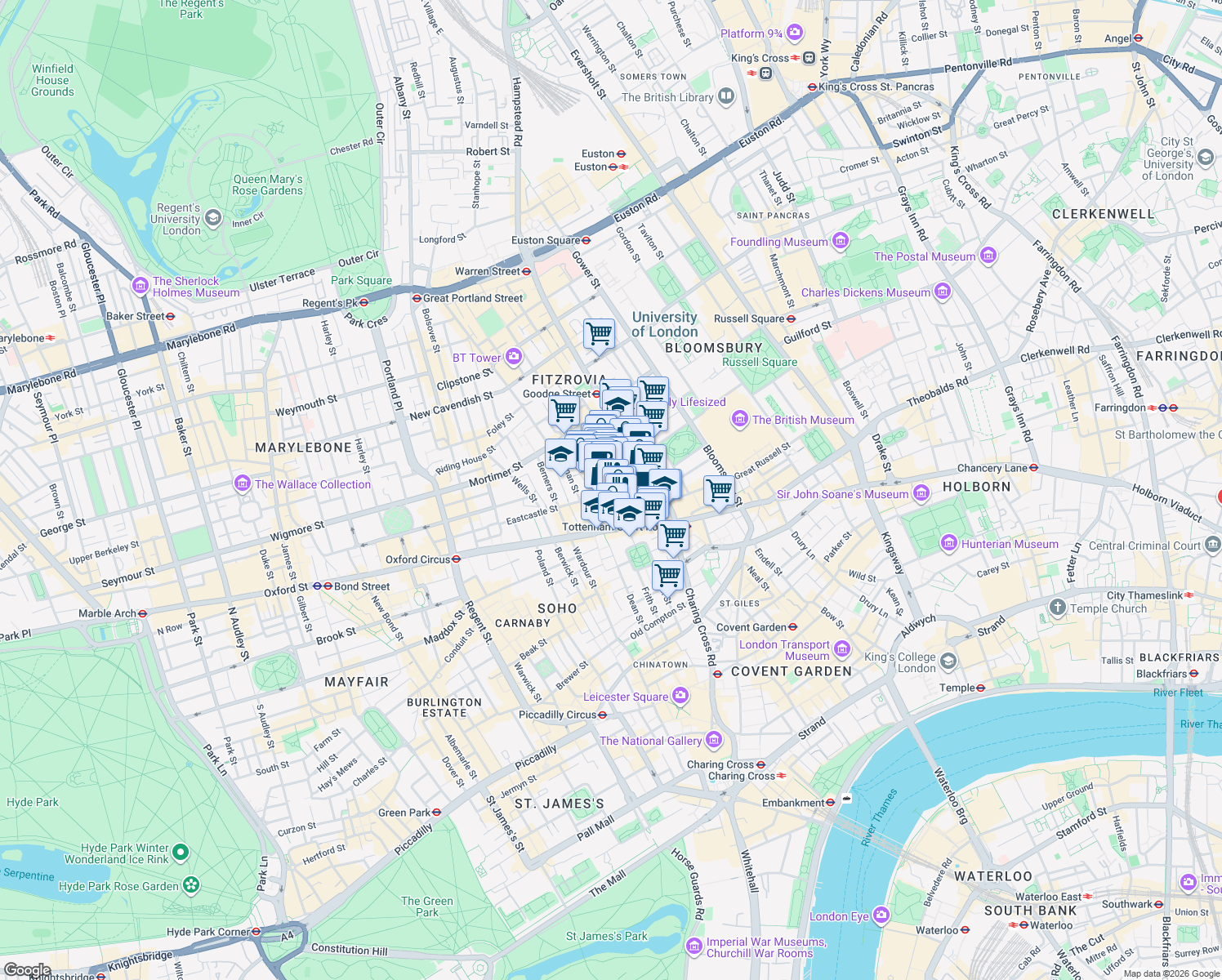 map of restaurants, bars, coffee shops, grocery stores, and more near Rathbone Place in Greater London