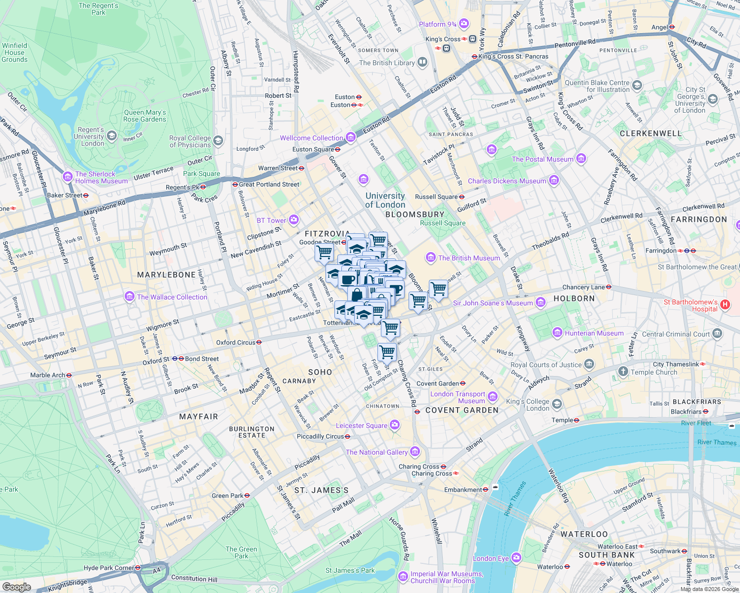 map of restaurants, bars, coffee shops, grocery stores, and more near 20 Tottenham Court Road in Greater London