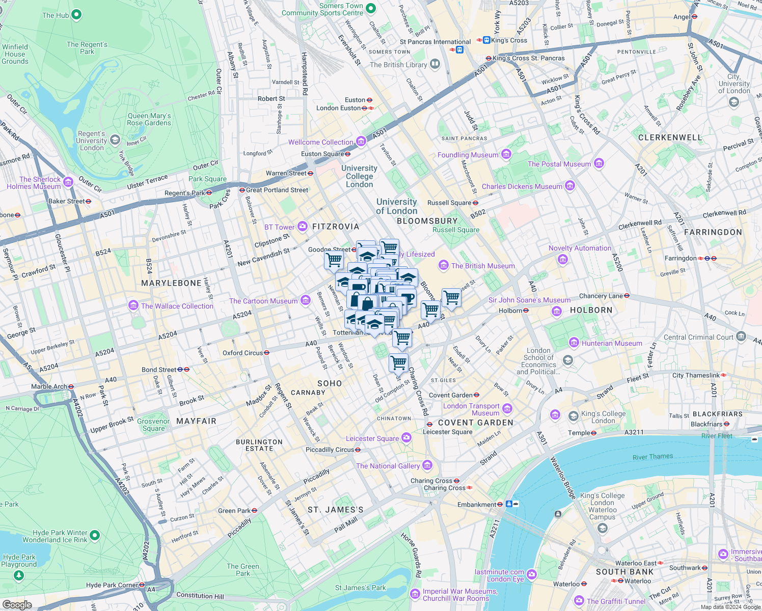 map of restaurants, bars, coffee shops, grocery stores, and more near 20 Tottenham Court Road in Greater London