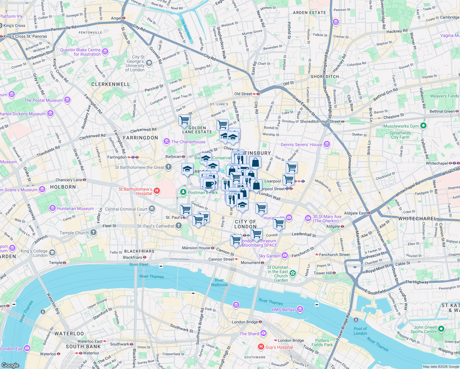 map of restaurants, bars, coffee shops, grocery stores, and more near 1 London Wall in Greater London