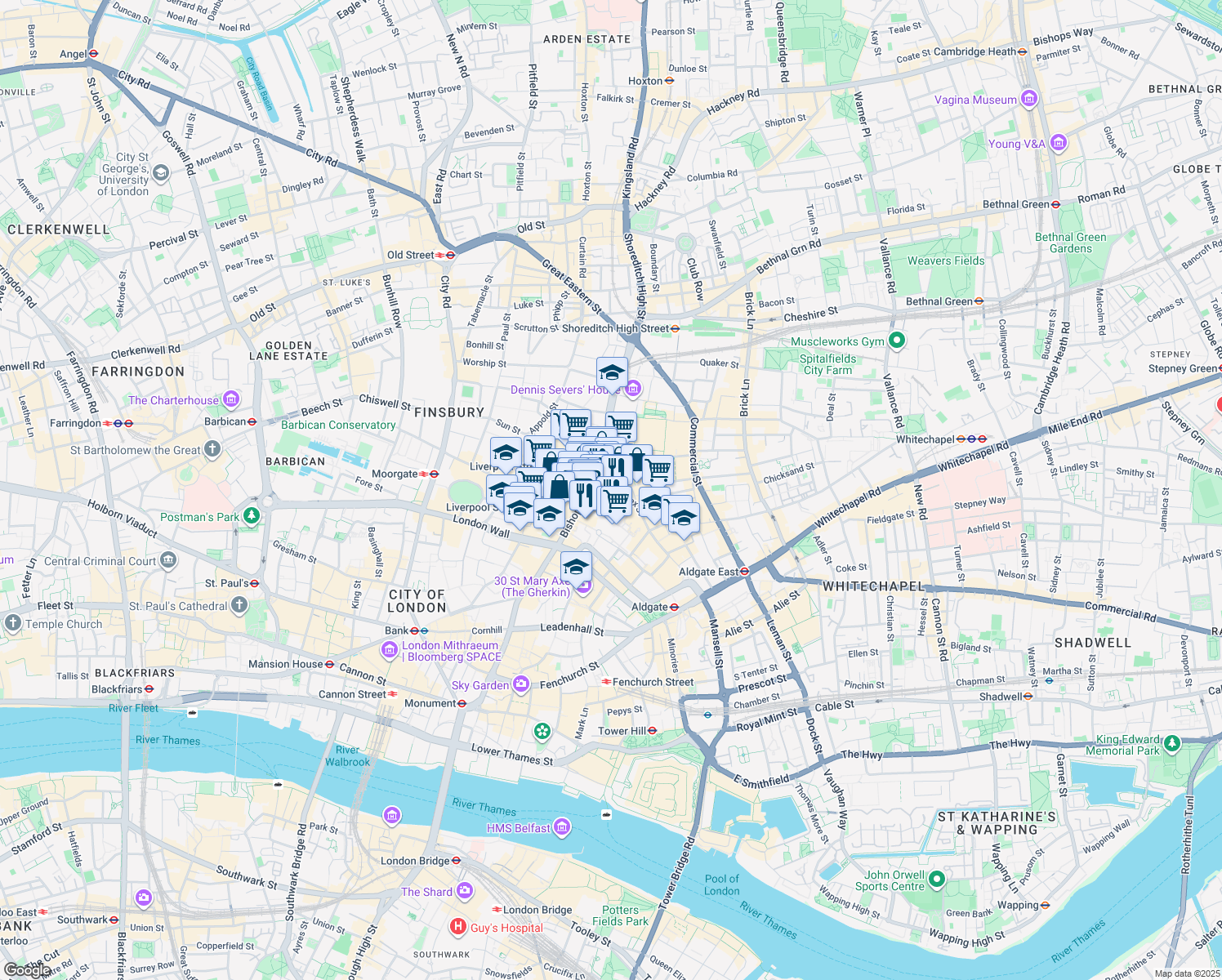 map of restaurants, bars, coffee shops, grocery stores, and more near Middlesex Street in Greater London