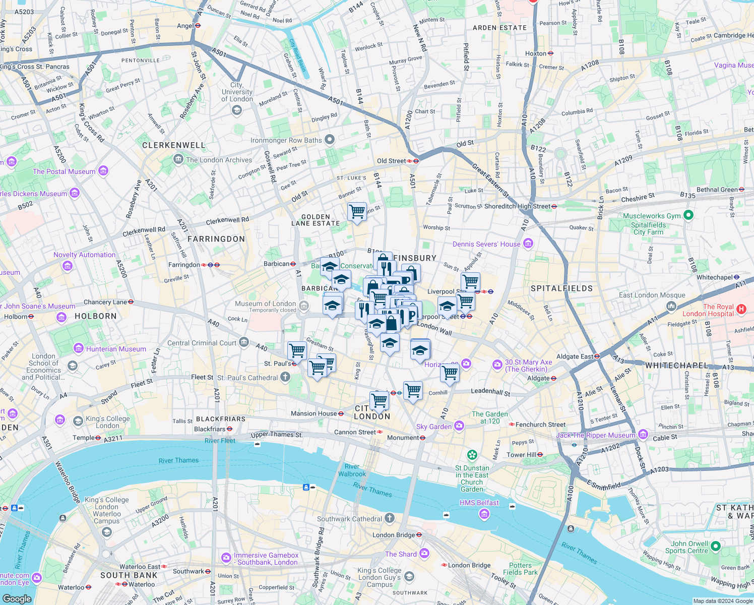 map of restaurants, bars, coffee shops, grocery stores, and more near 1 Fore Street Avenue in Greater London