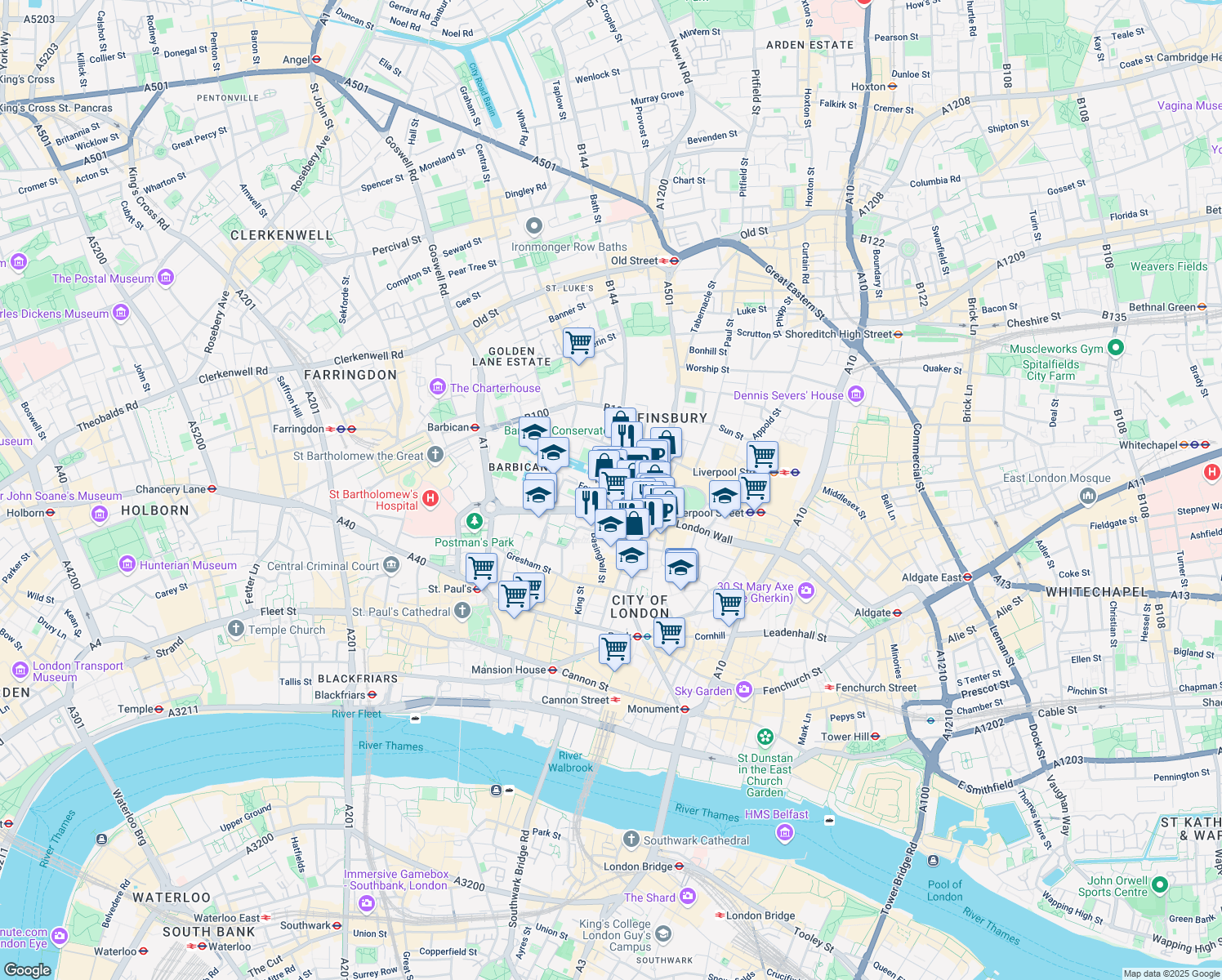 map of restaurants, bars, coffee shops, grocery stores, and more near 1 Fore Street Avenue in Greater London
