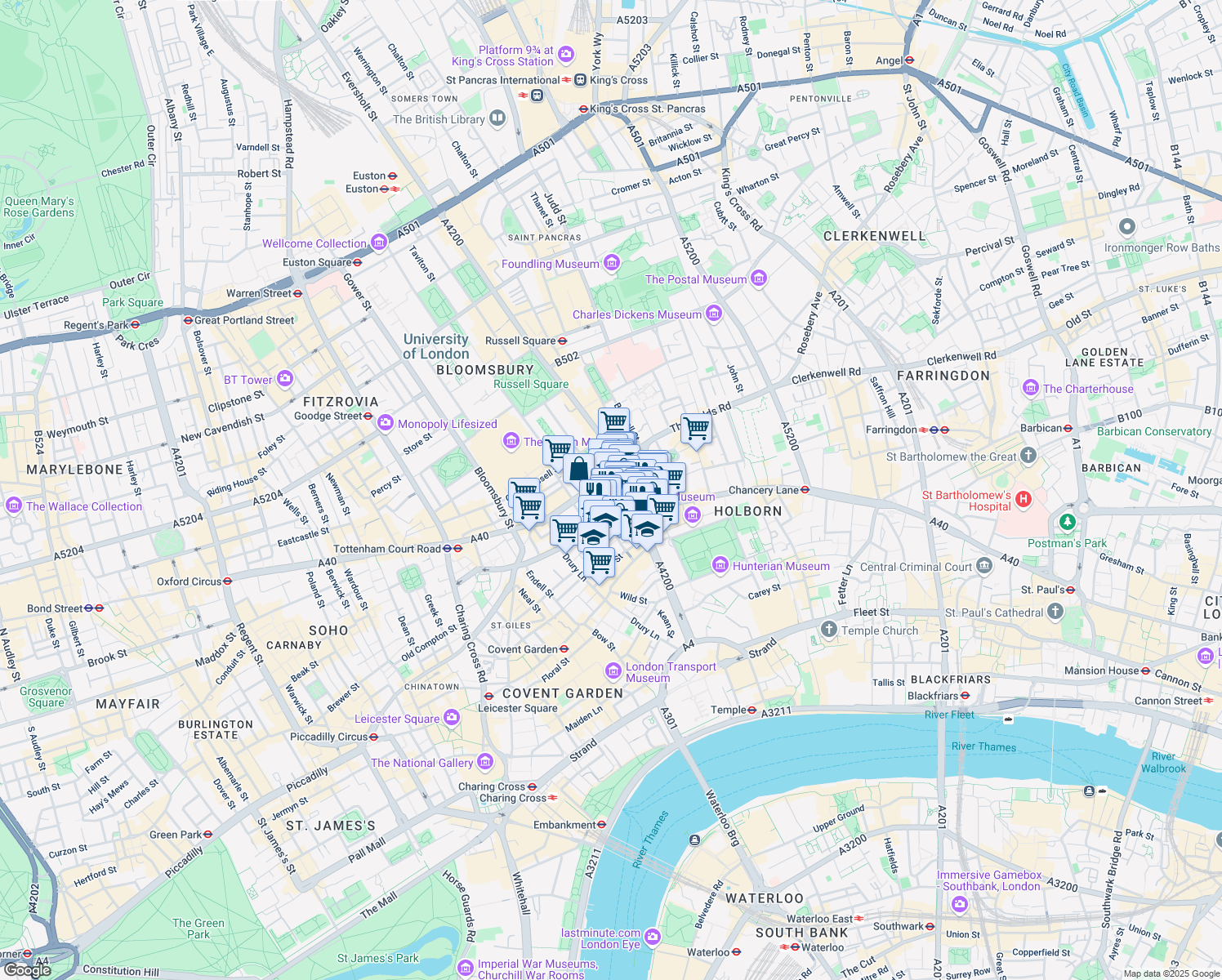 map of restaurants, bars, coffee shops, grocery stores, and more near 3-4 Southampton Place in Greater London