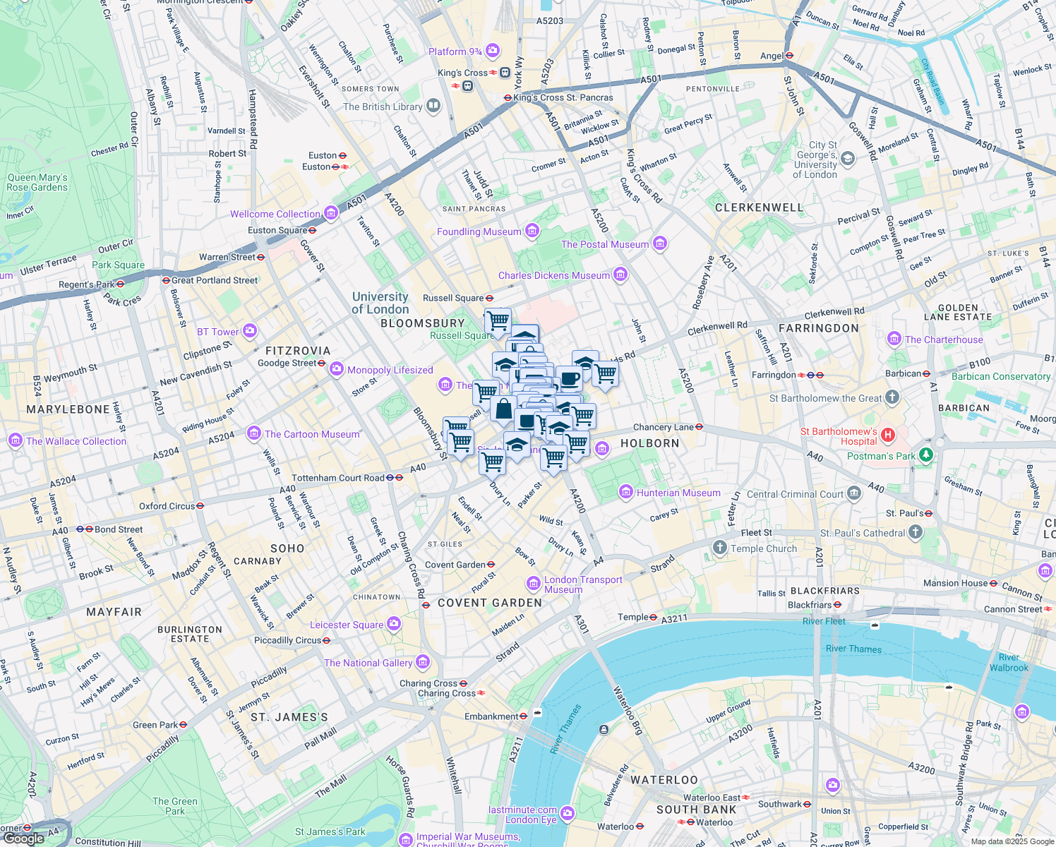 map of restaurants, bars, coffee shops, grocery stores, and more near 3-4 Southampton Place in Greater London