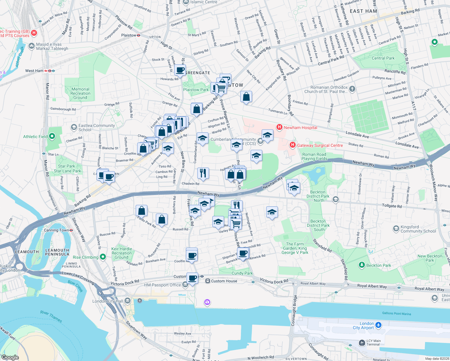map of restaurants, bars, coffee shops, grocery stores, and more near Egham Road in Greater London