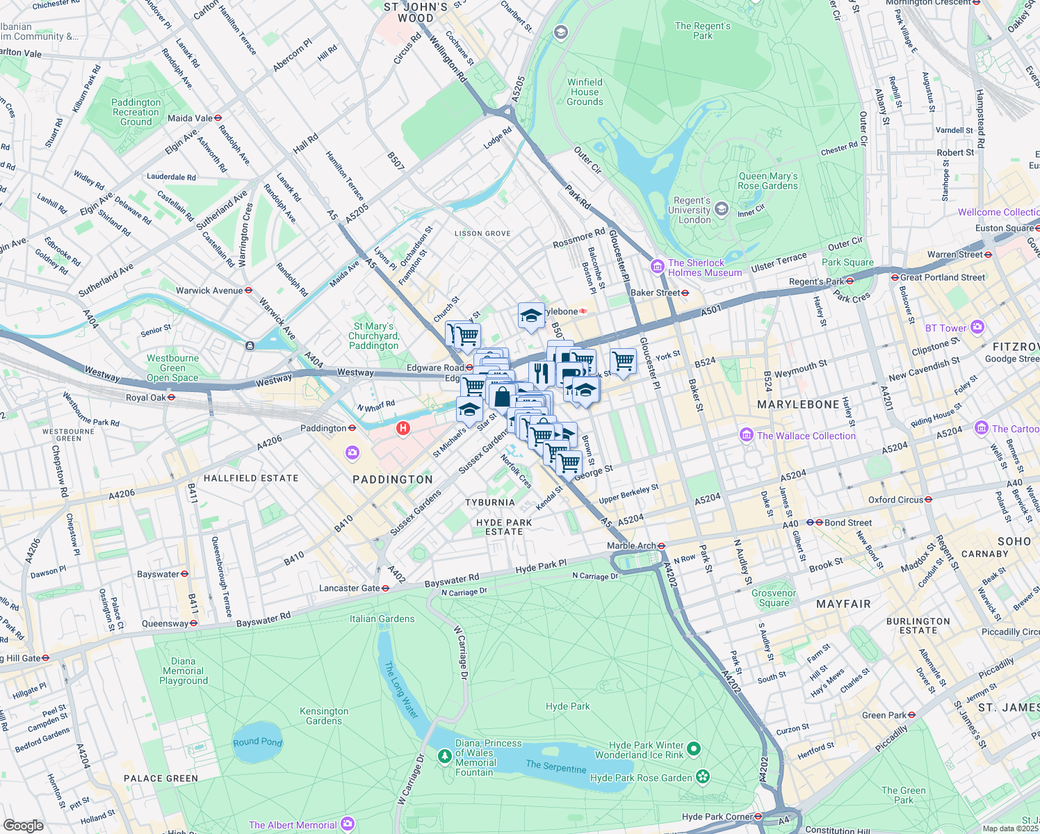 map of restaurants, bars, coffee shops, grocery stores, and more near A501 in London
