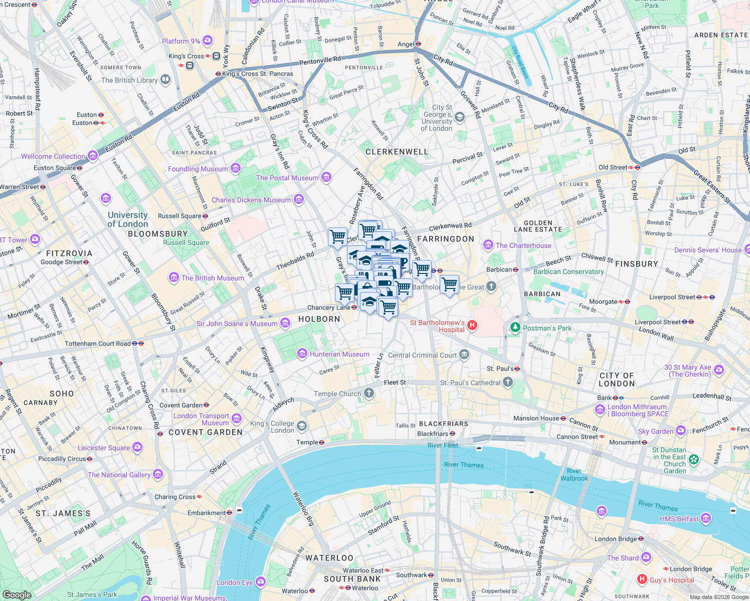map of restaurants, bars, coffee shops, grocery stores, and more near 138-142 Holborn in Greater London
